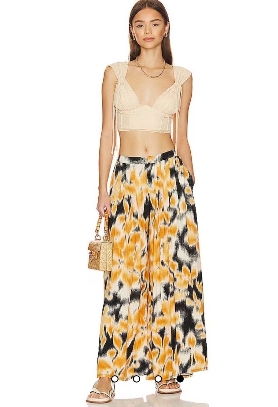 Free People Women Pants Goddess Wide Leg Yellow Floral Preppy Vacay Large New